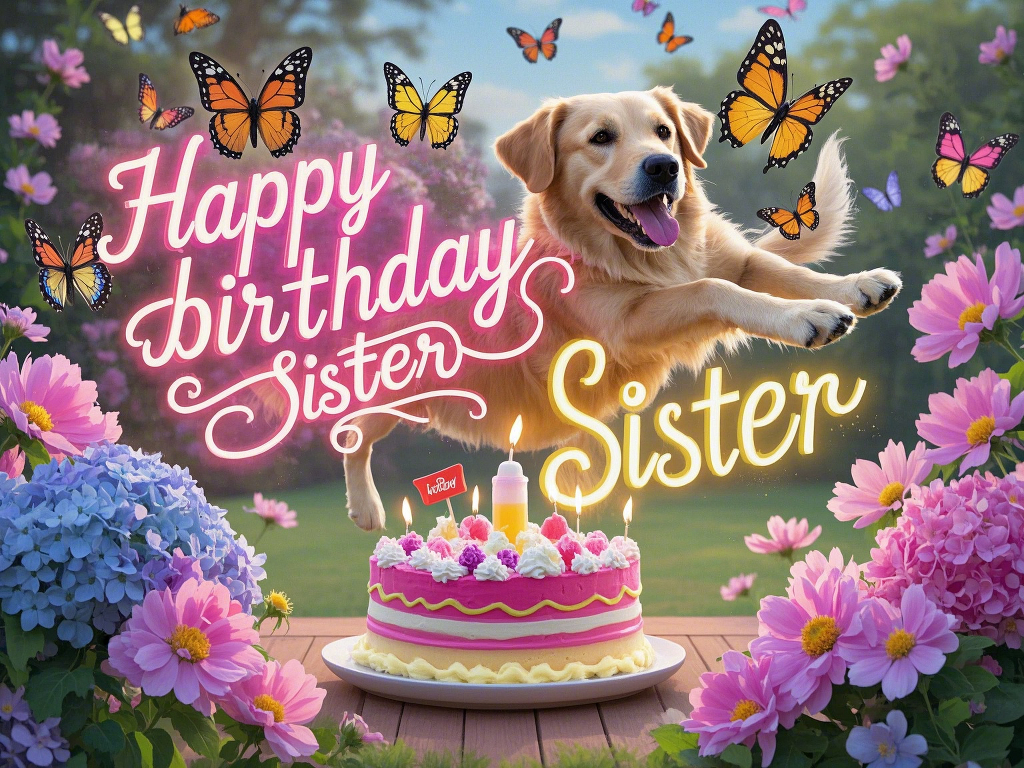 happy birthday sister images with butterflies in a garden setting