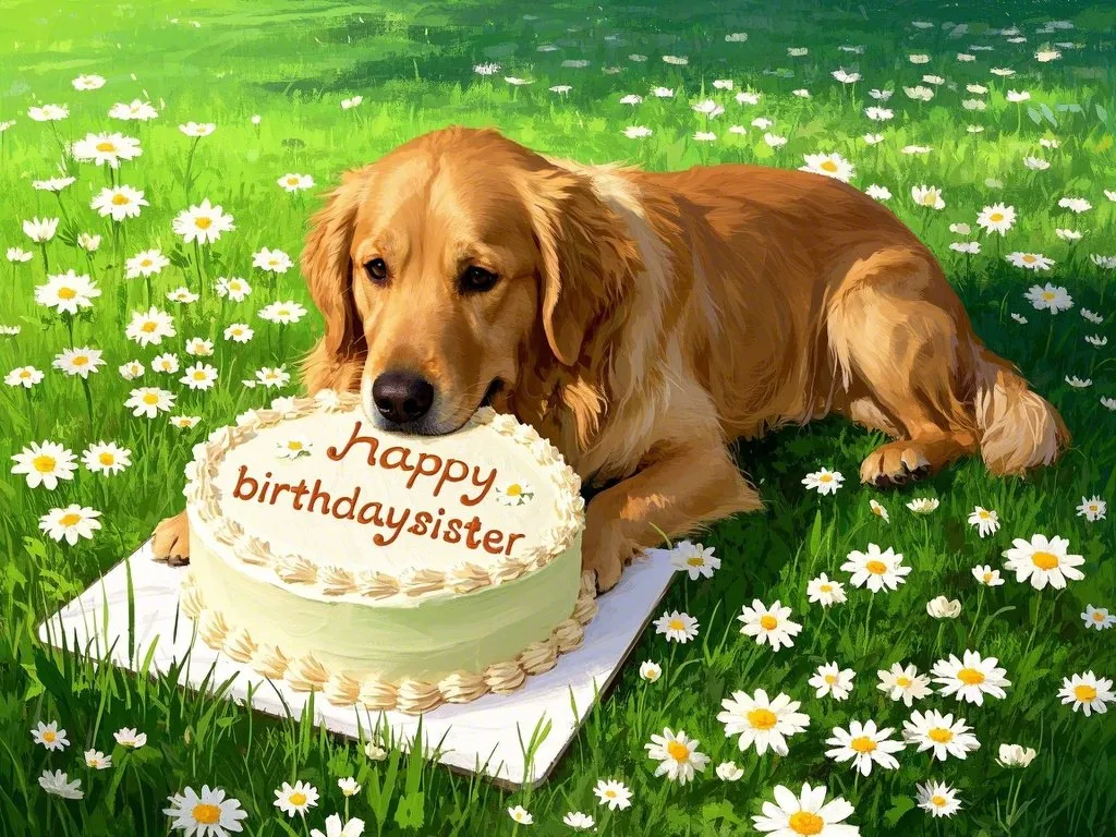 cute golden retriever puppies holding birthday cake for sister backyard party images