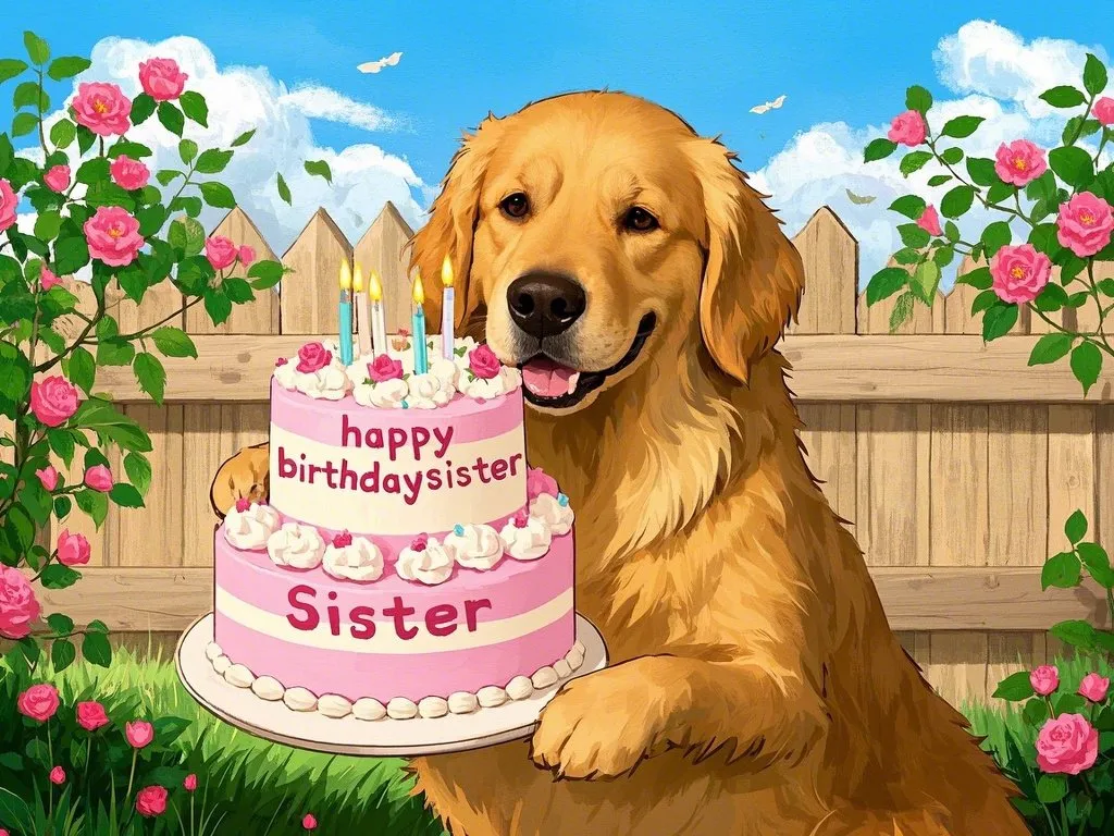 cute golden retriever puppies holding birthday cake for sister backyard party images