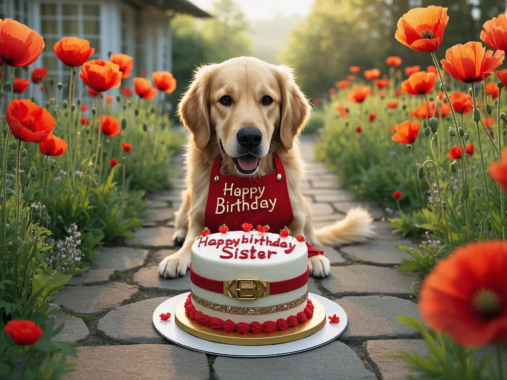 cute golden retriever puppies holding birthday cake for sister backyard party images