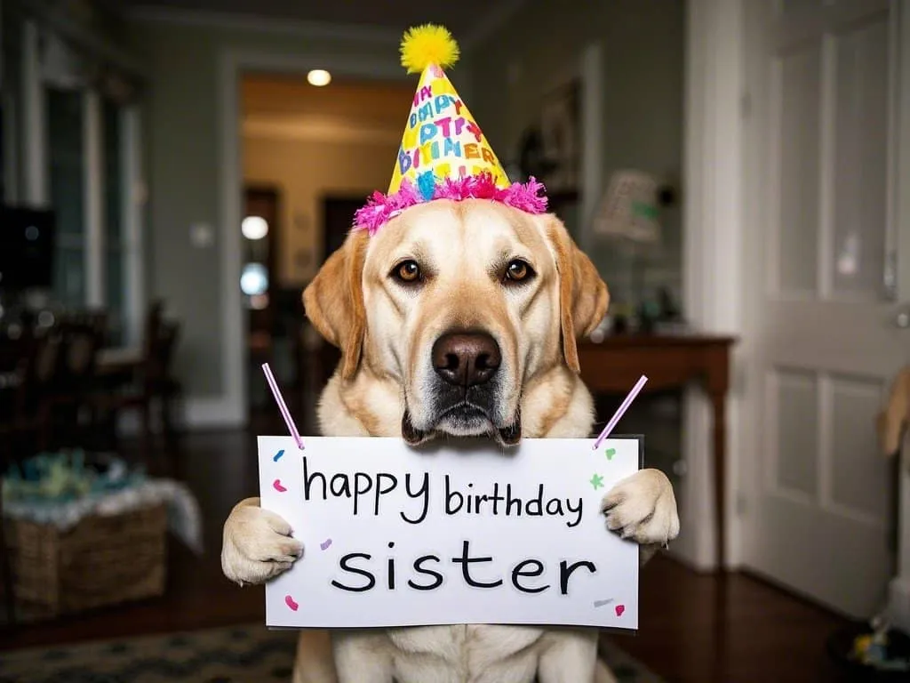 funny labradors wearing party hats with happy birthday sister banners images