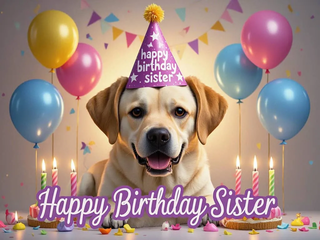 funny labradors wearing party hats with happy birthday sister banners images