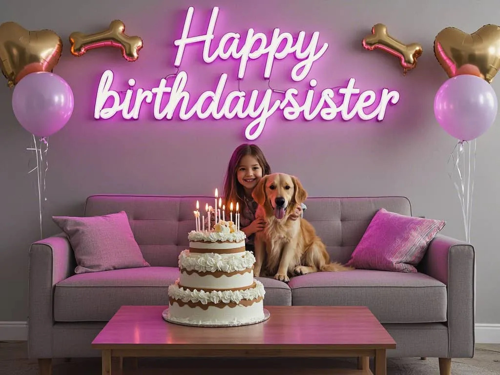 happy birthday sister with golden retriever puppy cuddling on sofa