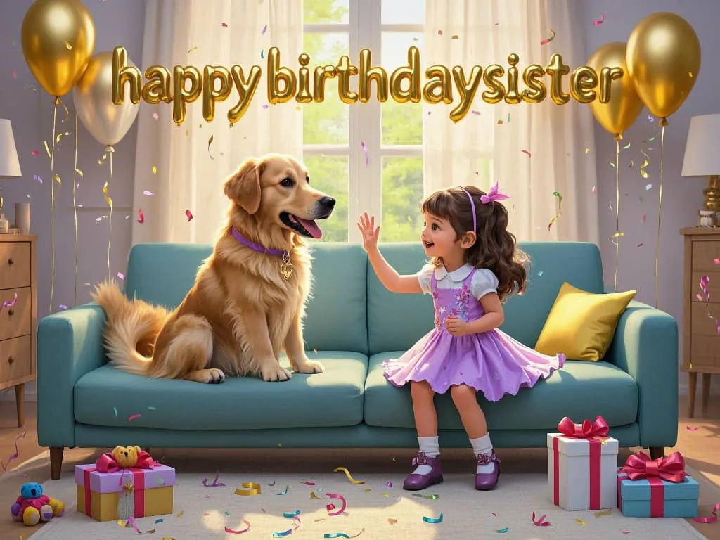 happy birthday sister with golden retriever puppy cuddling on sofa