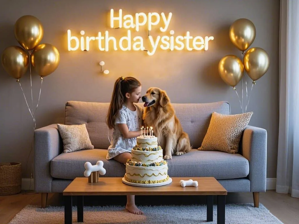 happy birthday sister with golden retriever puppy cuddling on sofa