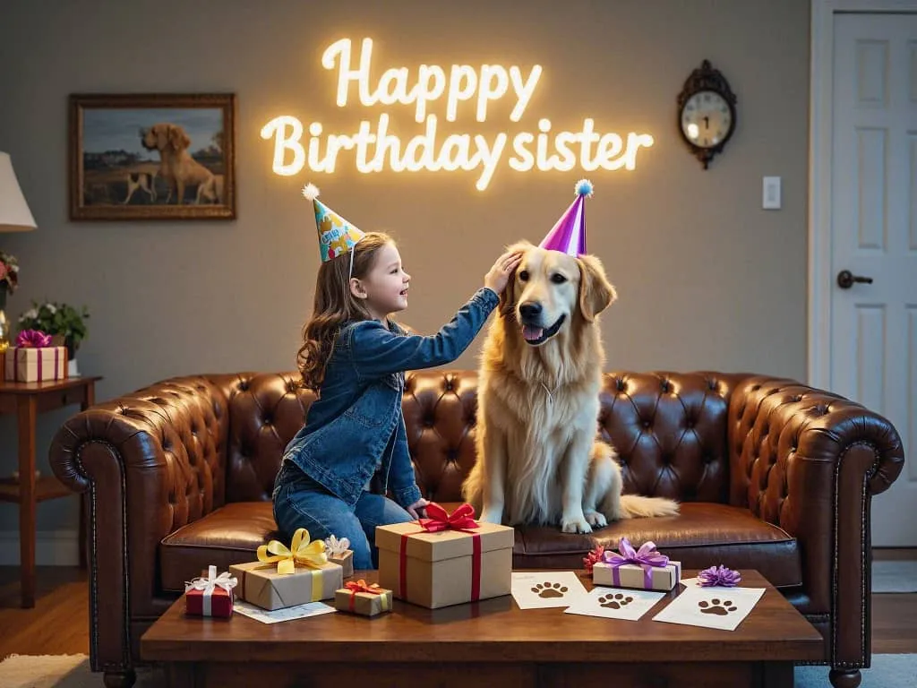 happy birthday sister with golden retriever puppy cuddling on sofa