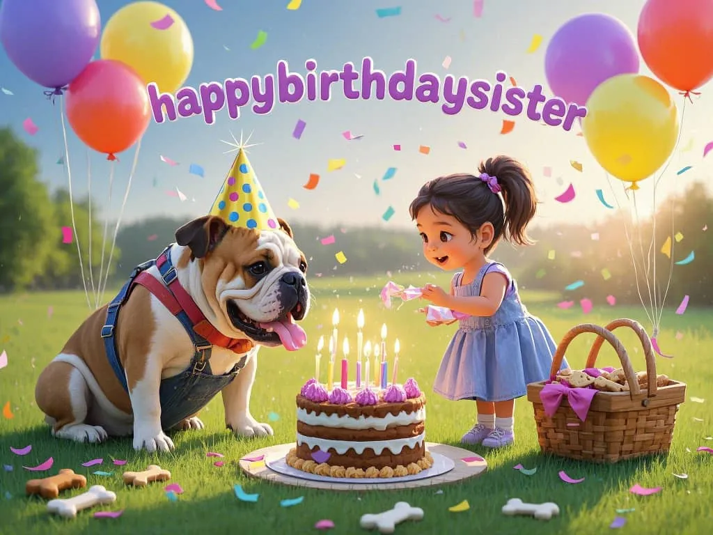 funny birthday pics of sister and bulldog wearing party hats
