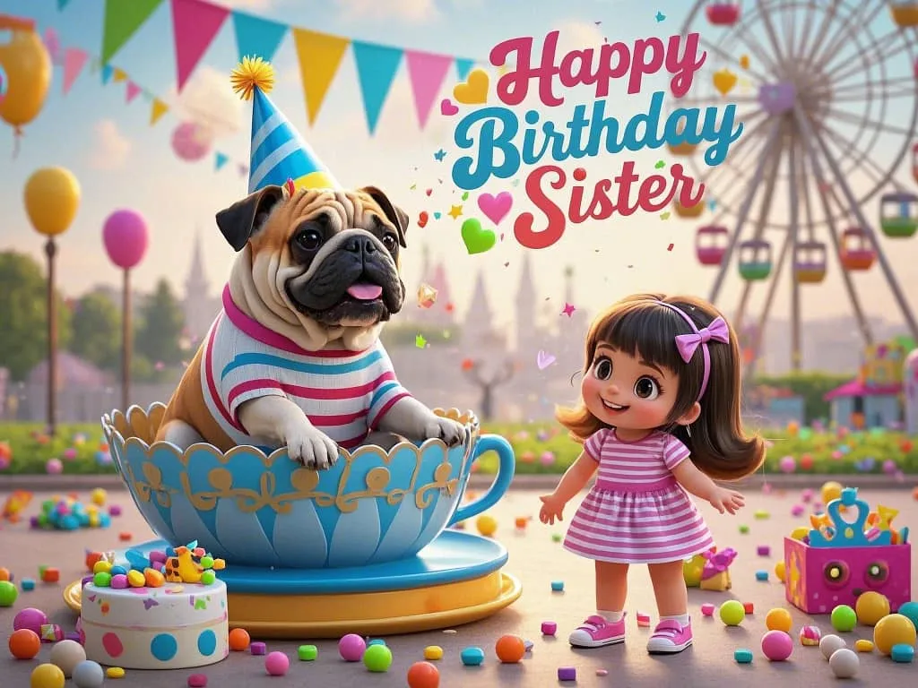 funny birthday pics of sister and bulldog wearing party hats