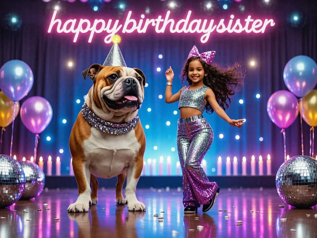 funny birthday pics of sister and bulldog wearing party hats