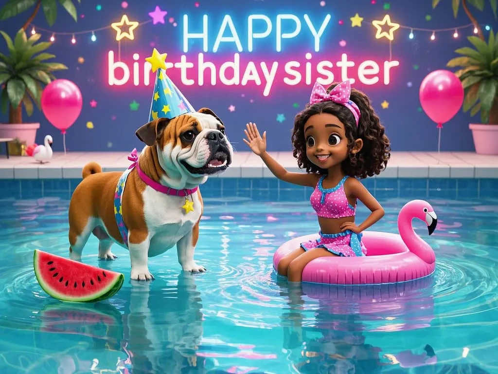 funny birthday pics of sister and bulldog wearing party hats