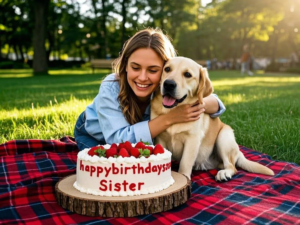 heartwarming outdoor birthday images sister and labrador retriever in park