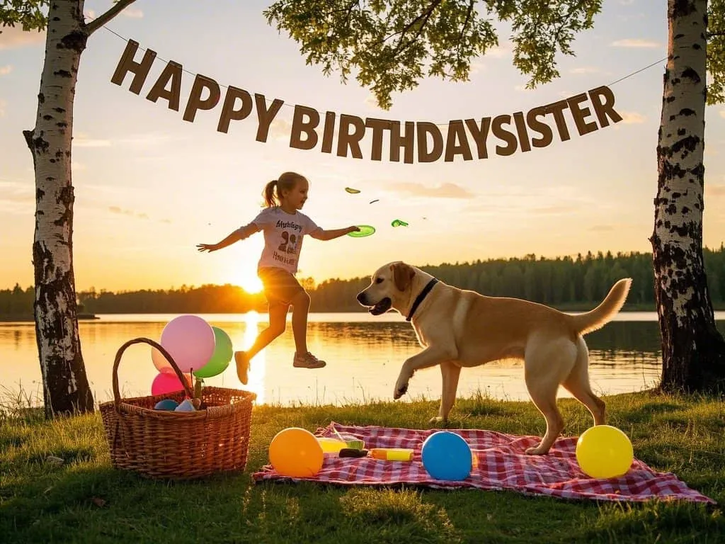heartwarming outdoor birthday images sister and labrador retriever in park
