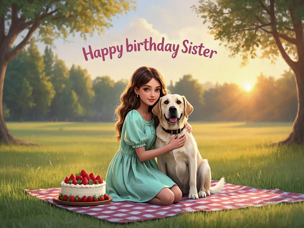 heartwarming outdoor birthday images sister and labrador retriever in park