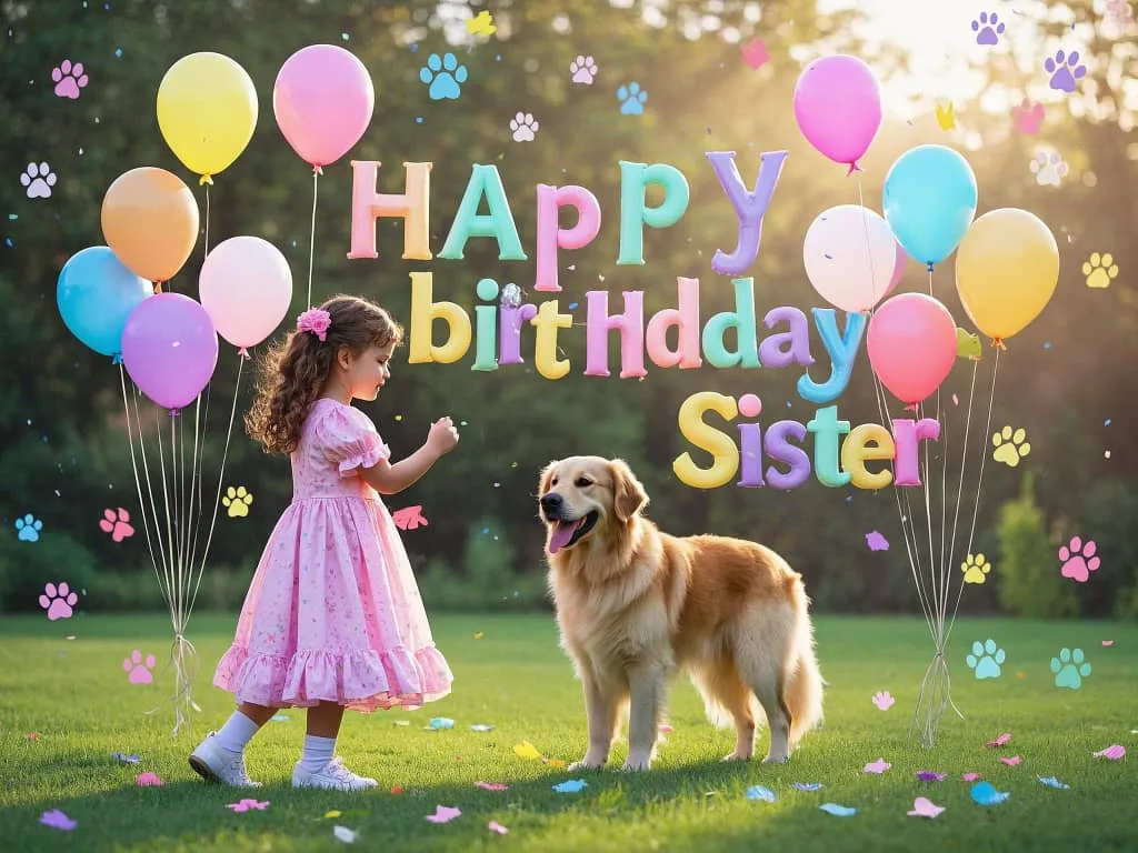 joyful sister birthday images with dog paw print confetti and balloons