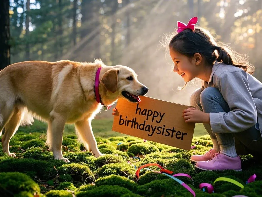 joyful sister birthday images with dog paw print confetti and balloons