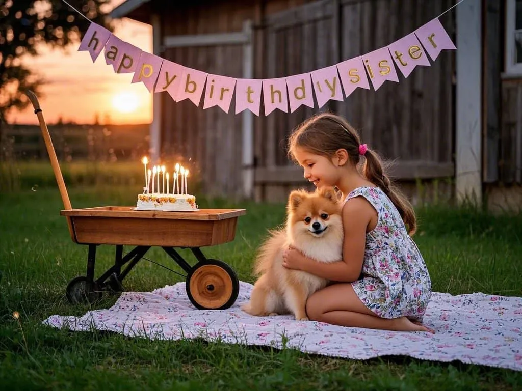 rustic farmhouse birthday pics sister holding pomeranian with happy birthday sign