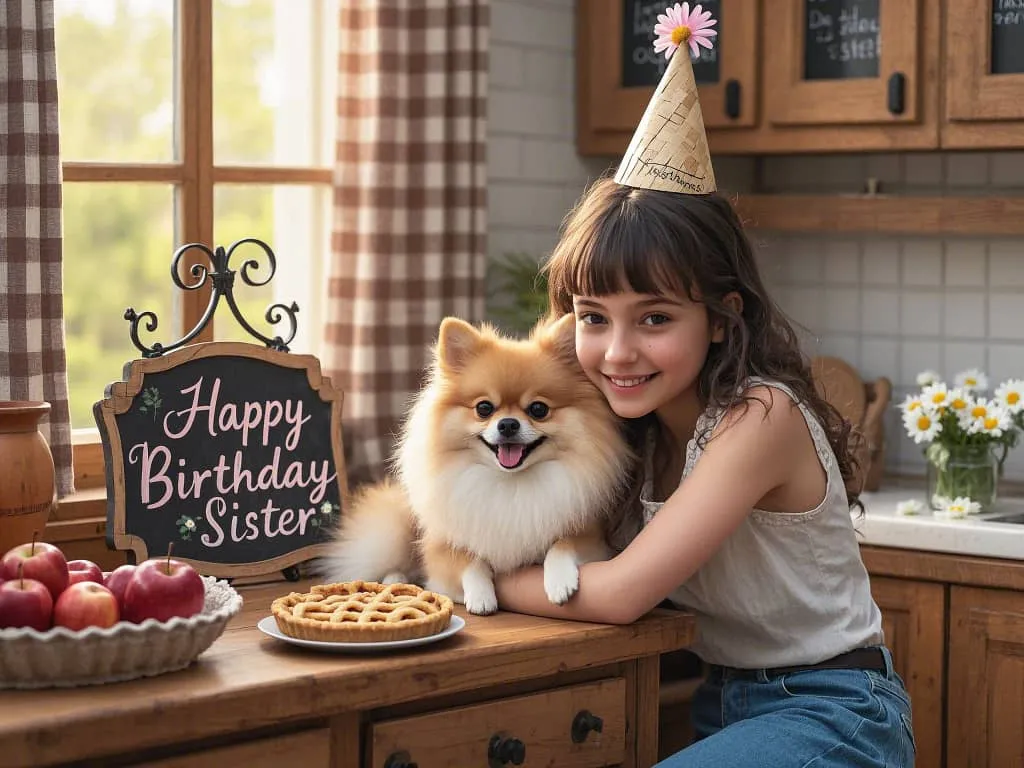 rustic farmhouse birthday pics sister holding pomeranian with happy birthday sign