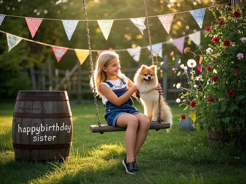 rustic farmhouse birthday pics sister holding pomeranian with happy birthday sign