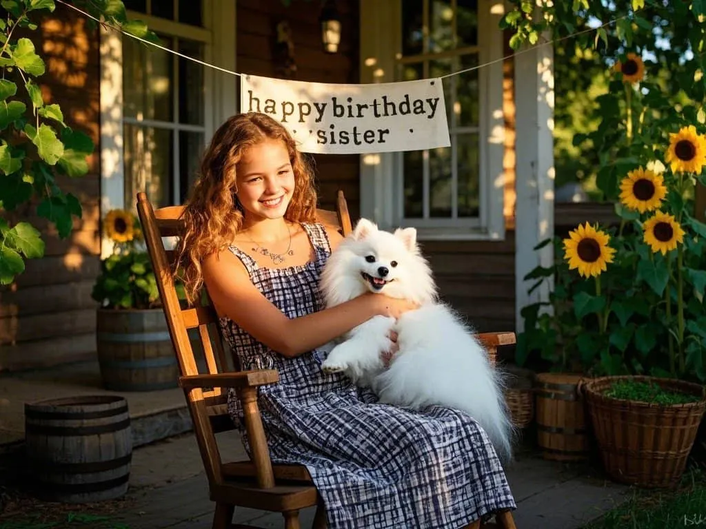 rustic farmhouse birthday pics sister holding pomeranian with happy birthday sign