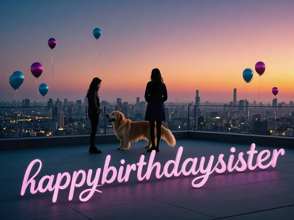 minimalist happy birthday sister images with dog silhouette at sunset