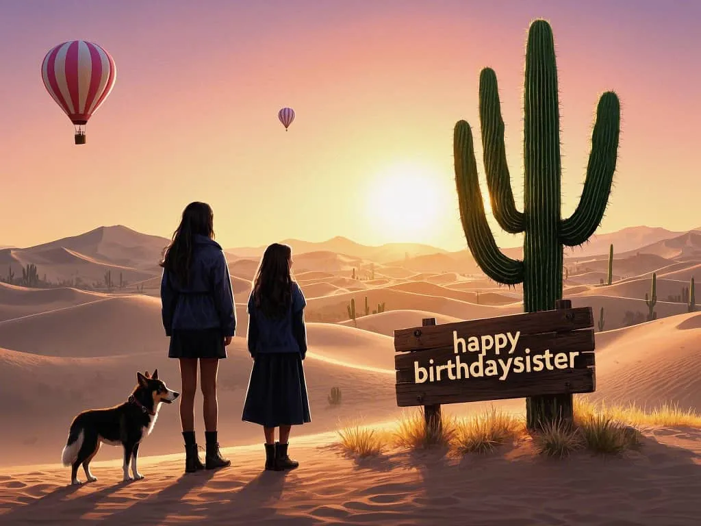 minimalist happy birthday sister images with dog silhouette at sunset