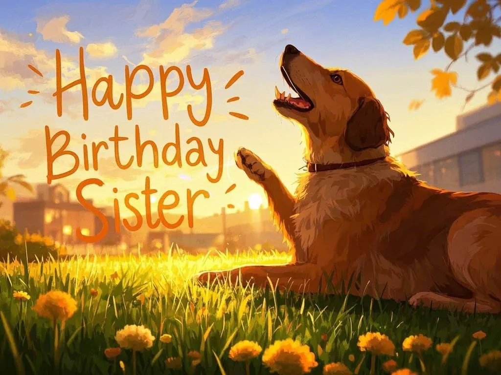 minimalist happy birthday sister images with dog silhouette at sunset
