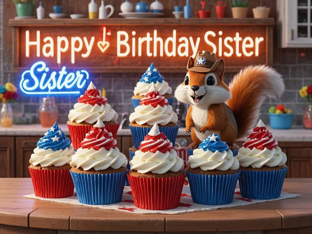 happy birthday little sister with red, white, and blue cupcakes gif
