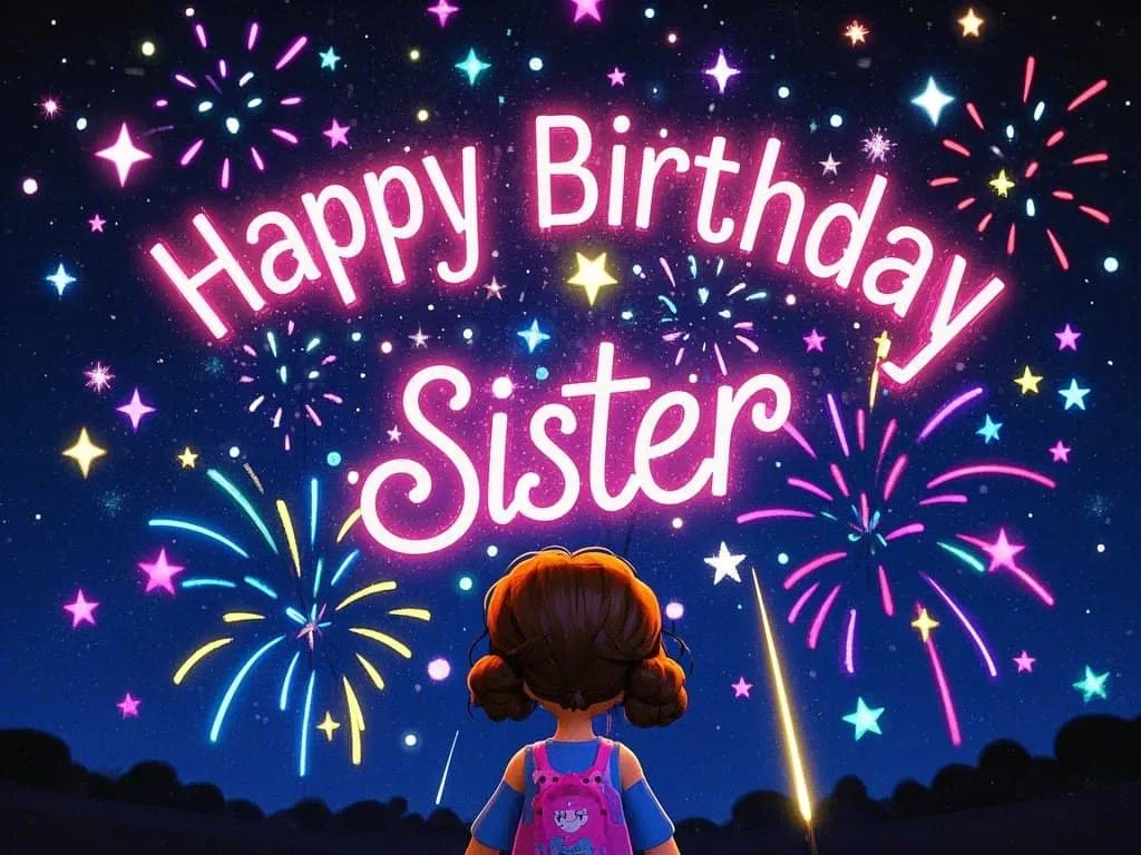 little sister celebrating birthday with fireworks in the background gif