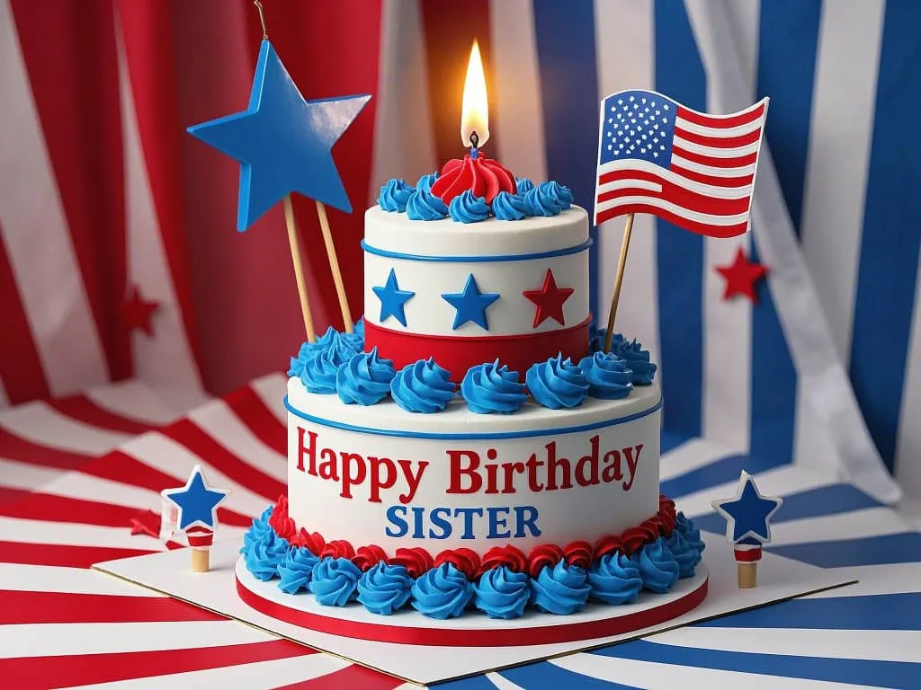 happy birthday little sister with american-themed birthday cake gif