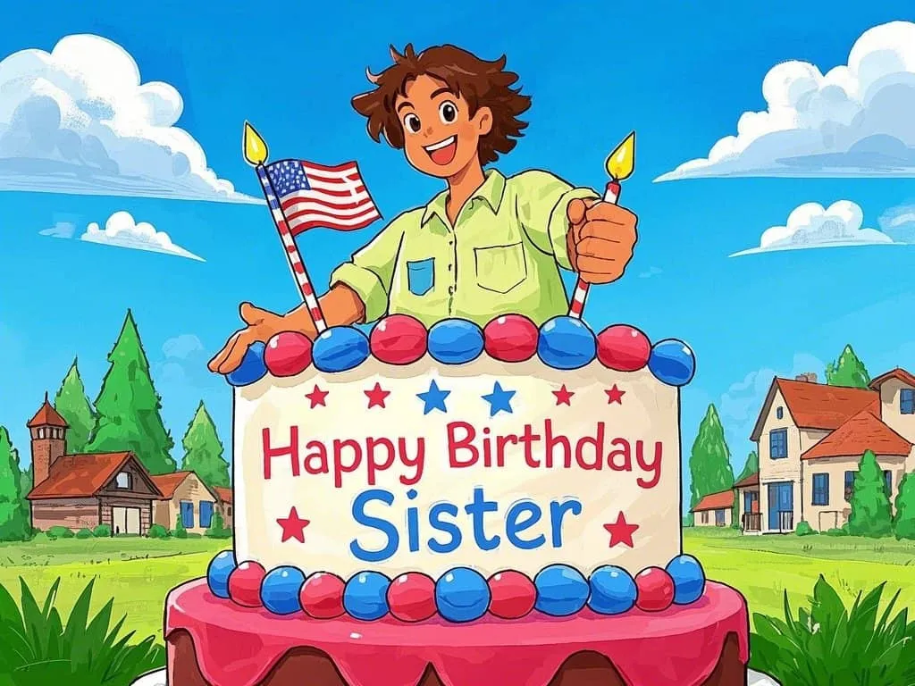 happy birthday little sister with american-themed birthday cake gif