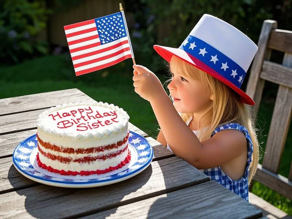 little sister smiling with birthday hat and american flag banner gif