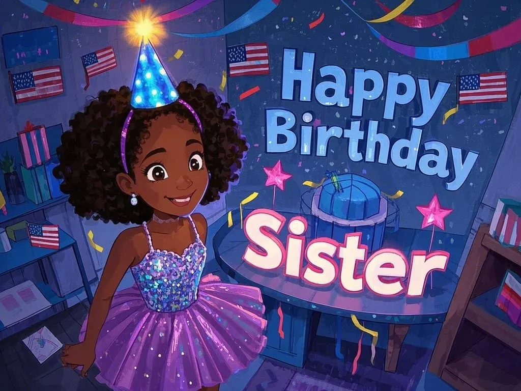 little sister smiling with birthday hat and american flag banner gif