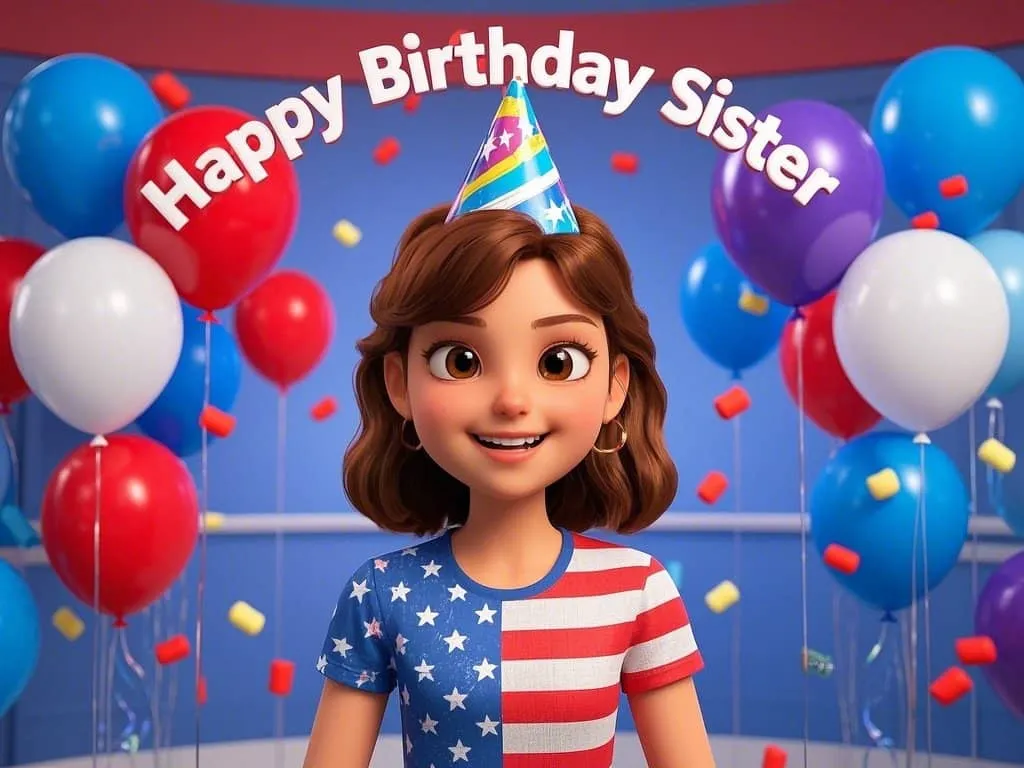 little sister smiling with birthday hat and american flag banner gif