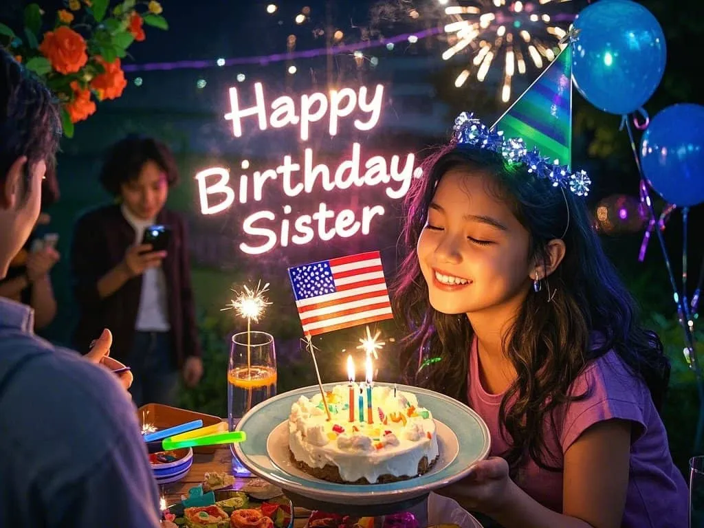 little sister smiling with birthday hat and american flag banner gif