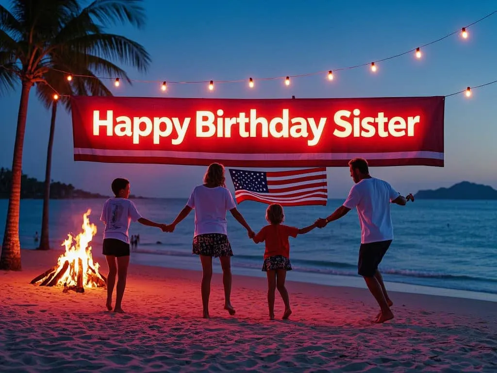 happy birthday little sister with family smiles and patriotic decorations gif