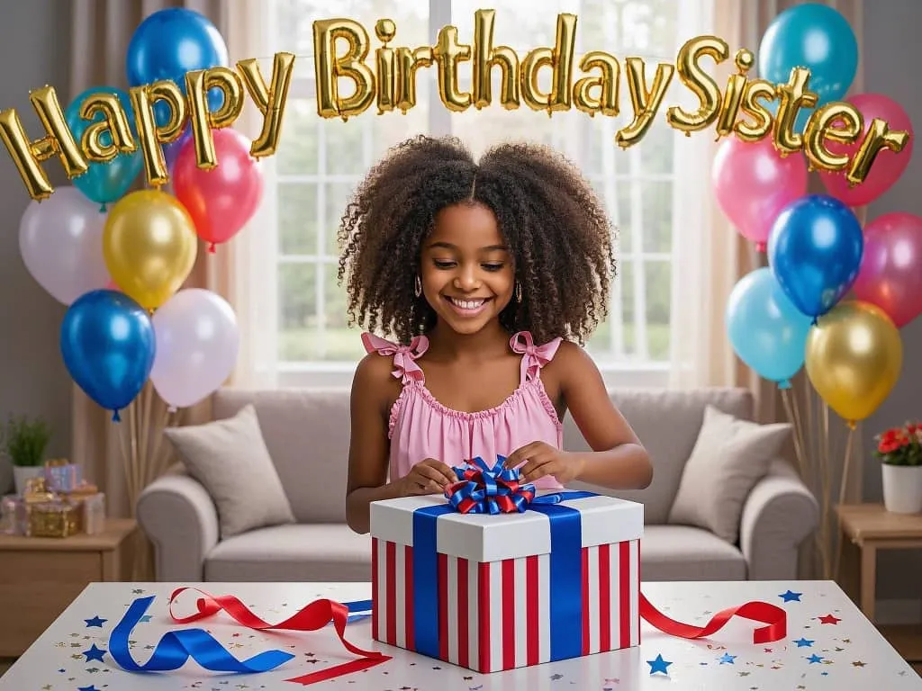 little sister opening birthday gifts with patriotic decor gif