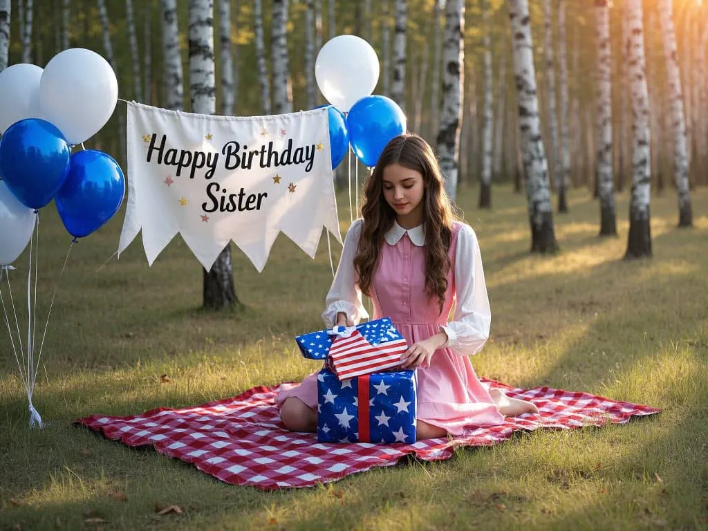 little sister opening birthday gifts with patriotic decor gif