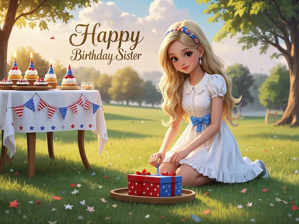 little sister opening birthday gifts with patriotic decor gif