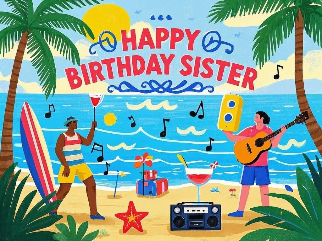 american style beach party happy birthday sister meme sweet