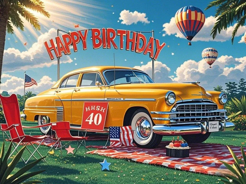happy 40th birthday to my sister with a car culture picture that is full of americana