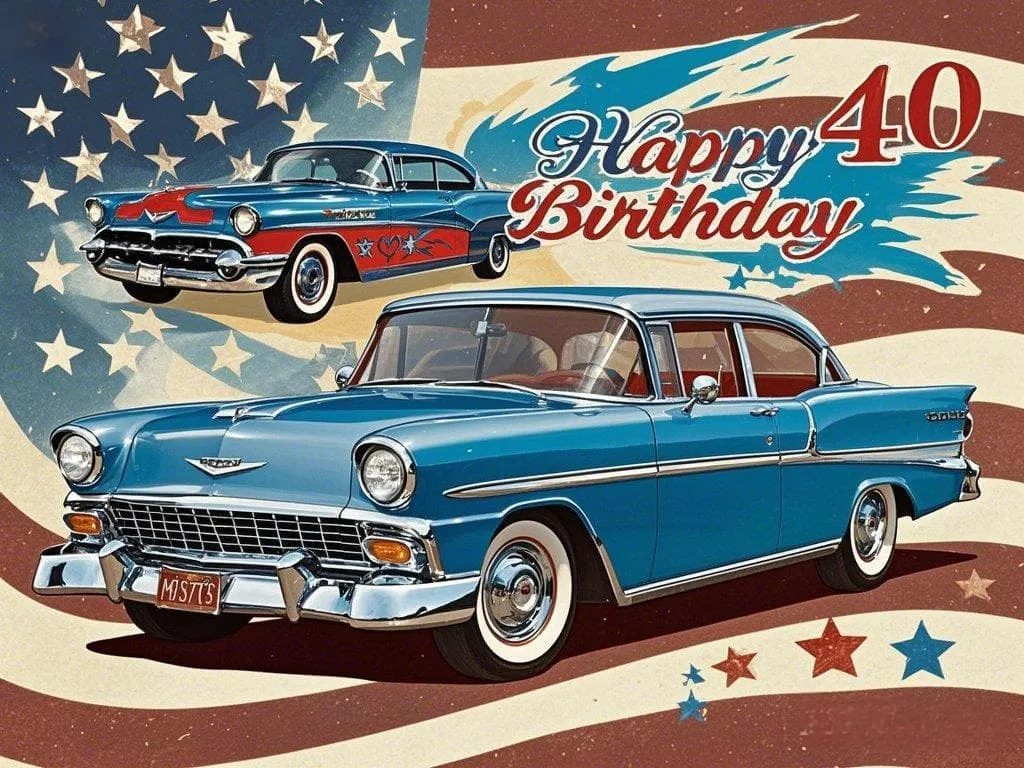 happy 40th birthday to my sister with a car culture picture that is full of americana